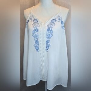 White and Blue Floral Embroidered Women's Tank Top